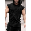 Guys Novelty Tee Top Drawstring Curved Hem Detailed Short Sleeves Slimming Hooded T-Shirt in Black