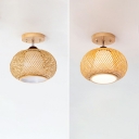 Pumpkin Semi Flush Mount Asian Bamboo Single Head Close to Ceiling Lighting in Wood
