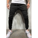 Simple Mens Plain Jeans Mid Rise Drawstring Zip Closure Ankle Length Skinny Fit Jeans