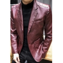 Pop Leather Jacket Solid Button Placket Side Pocket Fitted Long Sleeve Leather Jacket for Men