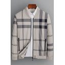 Stylish Jacket Plaid Print Pocket Designed Long Sleeve Stand Collar Regular Fitted Baseball Jacket for Boys