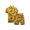 Guys Lovely Co-ords Dog Patterned Button Closure Collar Short-sleeved Elastic Shorts Loose Co-ords