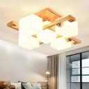 Modern Ceiling Light Glass Shade Wooden Ceiling Mount Semi Flush Mount for Bedroom Study Room