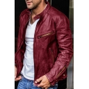 Men's Conservative Jacket Solid Color Stand Collar Zip Embellish Relaxed Leather Jacket