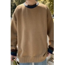 Men's Oversized Pullover Contrast Trim Rib Hem Round Neck Long-sleeved Baggy Pullover