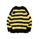 Classic Sweater Striped Pattern Distressed Crew Neck Long Sleeves Relaxed Pullover Sweater for Guys