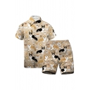 Fancy Set All-Over Dog Printed Collar Button-up Shirt Shorts Relaxed Fit Set for Guys