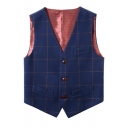 Retro Suit Vest Plaid Pattern Side Pocket V-Neck Button-up Regular Fitted Suit Vest for Guys