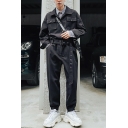 Street Style Mens Jumpsuit Solid Color Long Sleeves Ankle Length Loose Fit Jumpsuit