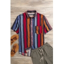 Men Trendy Shirt Striped Pattern Short-Sleeved Lapel Collar Button up Chest Pocket Detail Loose Fit Shirt