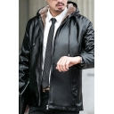 Men's Thick Jacket Solid Color Drawstring Hooded Long Sleeve Relaxed Fit PU Jacket