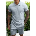 Cool Guys Set Pure Color Collar 1/4 Zip Short-sleeved Knee Length Shorts Two Piece Set