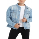 Guys Retro Jacket Plain Pocket Decorated Distressed Button Closure Fitted Denim Jacket