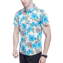 Retro Button Shirt Floral Pattern Lapel Collar Short Sleeve Slimming Shirt for Men