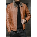 Stylish Jacket Plain Turn-down Collar Zipper Decoration Long-sleeved Zip-up Leather Jacket
