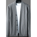 Trendy Mens Cardigan Stripe Printed V-Neck Long Sleeve Single Breasted Fitted Knit Cardigan