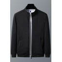 Popular Mens Solid Color Jacket Stand Collar Long Sleeves Zip Placket Relaxed Fitted Baseball Jacket