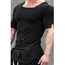 Chic Mens Tee Top Plain Color Short Sleeve Square Neck Ripped Design Slim Fitted T-Shirt