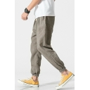 Pop Men's Tapered Pants Solid Drawcord Elasticated Waist Pocket Loose Fit Tapered Pants
