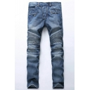 Leisure Jeans Zipper Fly Pleated Detail Zip-Pockets Mid Waist Slim Fit Long Length Jeans for Men