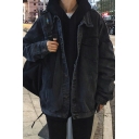 Guys Simple Jacket Breast Pocket Button Front Turn-Down Collar Baggy Denim Jacket