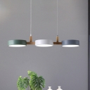 Drum Cluster Pendant Lamp Macaron Metal 3-Light Restaurant LED Hanging Light in White-Grey-Green with Wood Detail