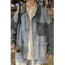 Boyish Jacket Color Block Breast Pocket Long Sleeve Turn-down Collar Loose Fitted Button Down Denim Jacket for Guys