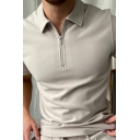 Stylish Mens Polo Shirt Zipper Detail Short-Sleeved Lapel Collar Curved Hem Slim Fitted Polo Shirt