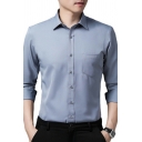 Guy's Creative Shirt Solid Chest Pocket Turn-down Collar Relaxed Long Sleeve Button Closure Shirt