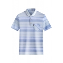 Guys Popular Polo Shirt Stripe Print Pocket Embellished Button Up Fitted Polo Shirt