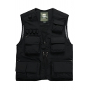 Cozy Vest Pure Color V-Neck Multi-Pockets Regular Fit Zip Closure Vest for Boys