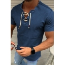 Men Casual Whole Colored Tee Top V-Neck Lace-up Short-sleeved Raw Edge Slim Fit Tee Top