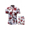 Formal Mens Set Floral Printed Button Placket Short Sleeve Shirt Shorts Fitted Set
