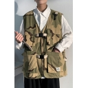 Boy's Freestyle Vest Solid Color Multi-Pockets Loose Fitted V-Neck Sleeveless Zip Fly Vest