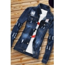 Cozy Guys Jacket Whole Colored Distressed Button Placket Fit Long Sleeve Denim Jacket