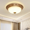 Brass LED Ceiling Lamp Traditional Cream Glass Bowl Flush Mount Light with Carved Leaf Edge