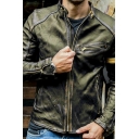 Modern Mens Jacket Stand Collar Zip Closure Slim Fitted Leather Jacket with Pockets
