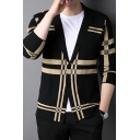 Leisure Mens Knit Cardigan Contrast Color Lapel Collar Long Sleeve Double Button Slim Fitted Cardigan