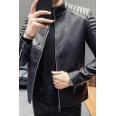 Leisure Mens Jacket Pure Color Stand Collar Zip Placket Long Sleeve PU Jacket