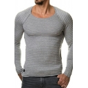Men Basic Pullover Whole Colored Pleated Round Neck Long-sleeved Slimming Pullover