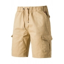 Men Basic Shorts Pure Color Elastic Waist Drawcord Pocket Fitted Cargo Shorts