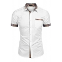 Casual Mens Shirts Color Block Short Sleeve Lapel Collar Button Closure Slim Fitted Shirts with Pocket
