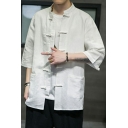 Men's Basic Designed Coat Stand Collar Button Designed Pocket 3/4 Sleeve Relaxed Coat