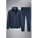 Trendy Mens Set Plain Color Stand Collar Long-Sleeved Zip Up Relaxed Fit Jacket & Sweatpants Set