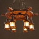 6-Light Chandelier Iron and Wood Industrial Hanging Light Fixtures in Black