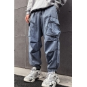 Street Jeans Drawstring Elastic Waist Flap Pockets Mid Rise Long Length Loose Fit Jeans for Men