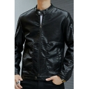 Street Style Guy's Jacket Solid Color Button Designed Long Sleeves Slimming Zipper Leather Jacket