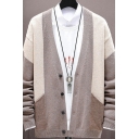 Leisure Mens Knit Cardigan Color Block V-Neck Long-Sleeved Single Breasted Fitted Cardigan