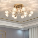 Golden Semi Flush Chandelier Modern Folwer Shade Clear Crystal Rectangle Flush Ceiling Light