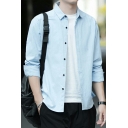 Mens Casual Shirt Pure Color Long Sleeve Spread Collar Button Placket Loose Fit Shirt